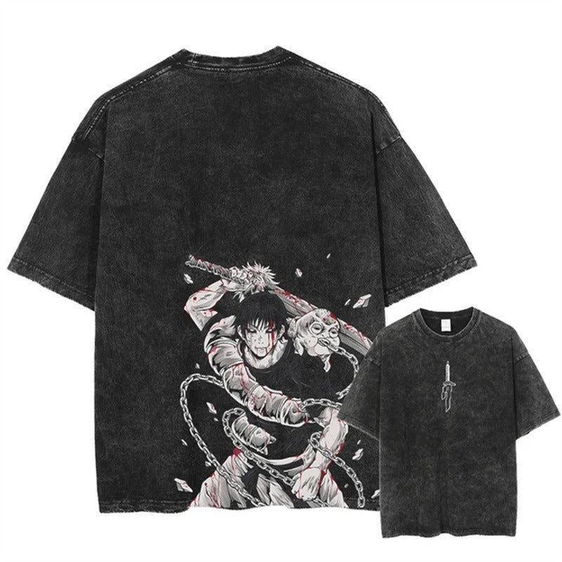 Harajuku Jujutsu Kaisen Anime Printed Streetwear Vintage Washed T-shirt Men