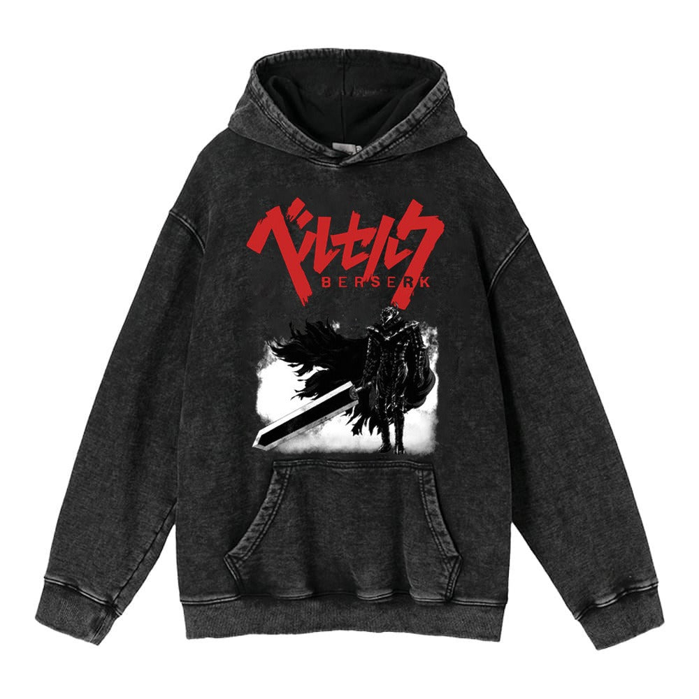 Washed Worn Berserk Fury Anime Street Retro Cotton Hoodie Street Trendy Hoodie