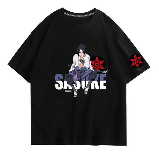 Anime Naruto Sasuke Pure Cotton Short sleeved T-shirt for Male Students Loose Shoulder Drop Half sleeved Top