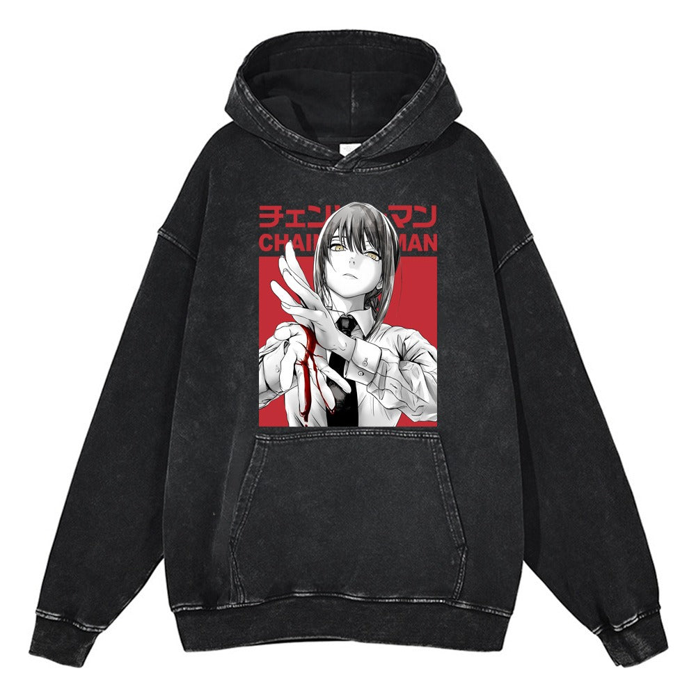 Washed old chainsaw cartoon anime street retro cotton hoodie street trendy hoodie