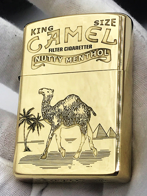 Brass Camel Kerosene Lighter Carved Retro Windproof Grinding Wheel Flip Cover Cigarette Lighter