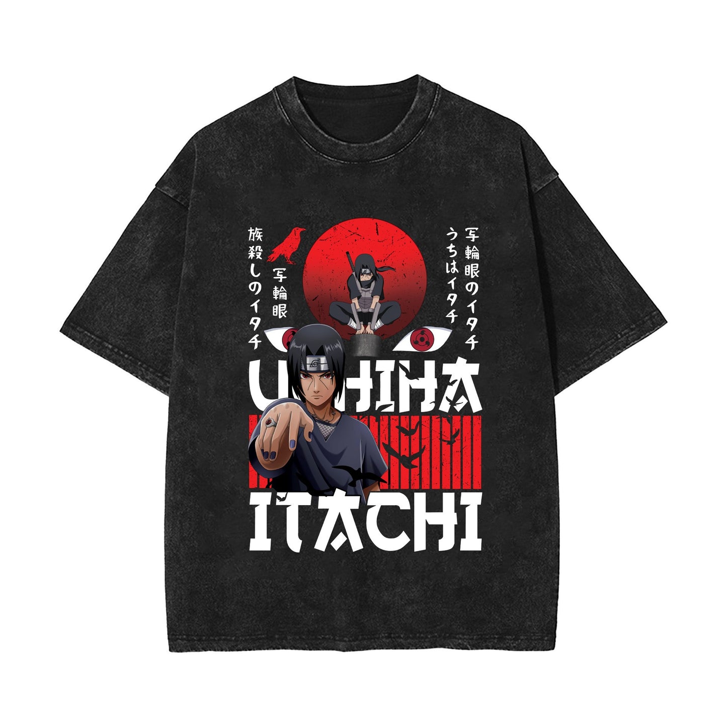 Anime Naruto Sasuke European and American Washed Old Vintage Short Sleeve T-shirt American High Street