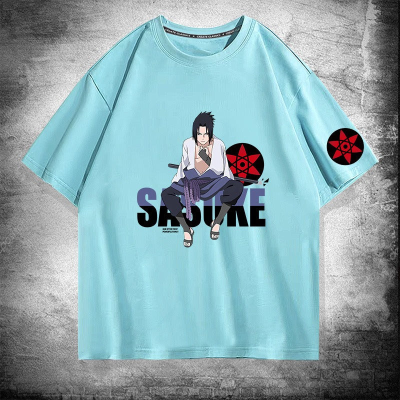 Anime  Naruto Sasuke Pure Cotton Short sleeved T-shirt for Male Students Loose Shoulder Drop Half sleeved Top