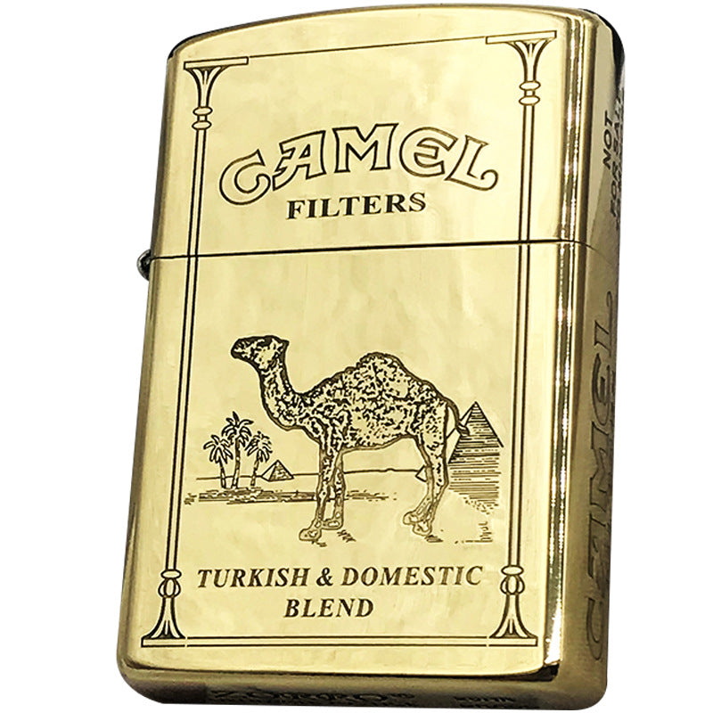 Brass Camel Kerosene Lighter Carved Retro Windproof Grinding Wheel Flip Cover Cigarette Lighter