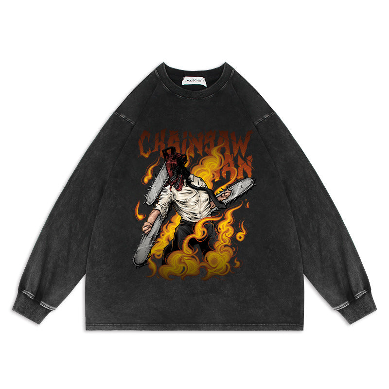 Chainsaw Man Anime Washed Old Sweater Electric Magima Oversize American High Street Cartoon Top