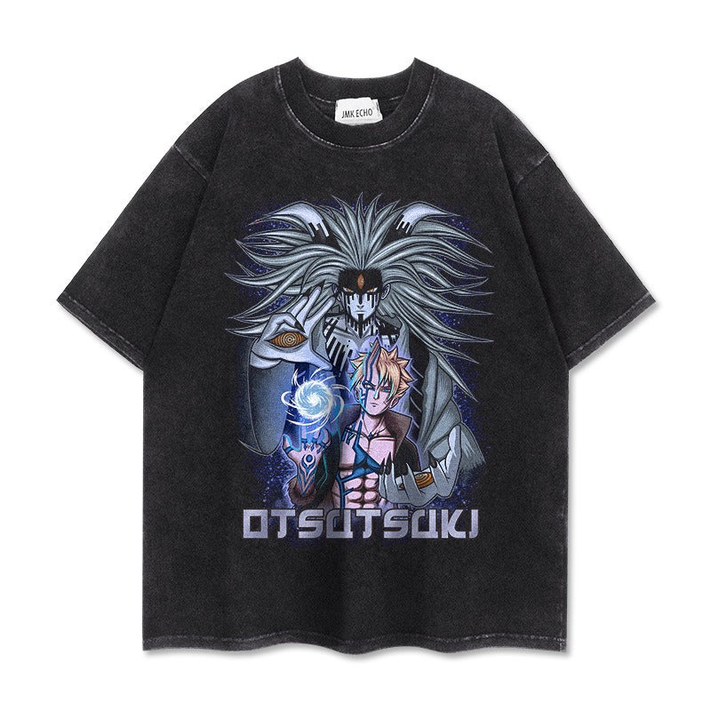 T-shirt washed and distressed vintage Naruto Payne Anime trend casual loose top T-Shirt