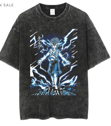 Anime cartoon wash distressed men short sleeved t-shirt high street dark man