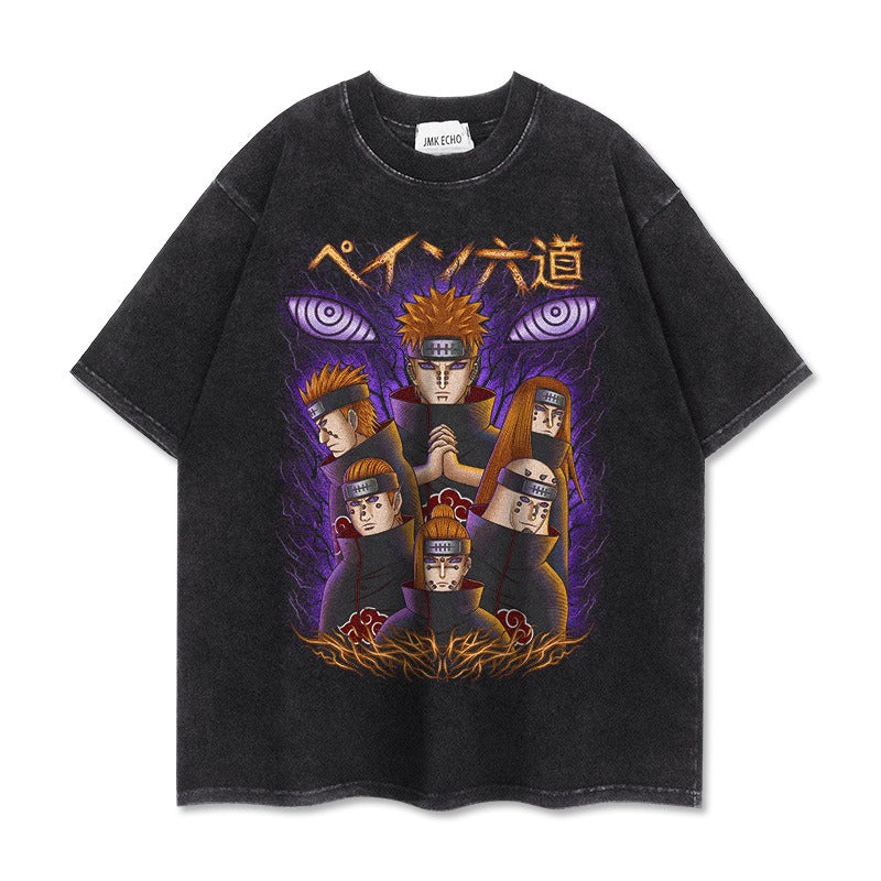 T-shirt washed and distressed vintage Naruto Payne Anime trend casual loose top T-Shirt