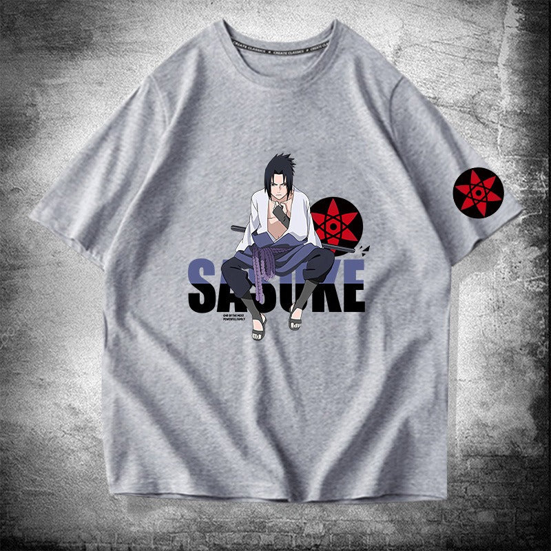 Anime  Naruto Sasuke Pure Cotton Short sleeved T-shirt for Male Students Loose Shoulder Drop Half sleeved Top