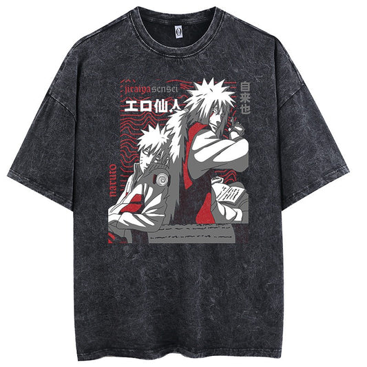 Anime Hokage Print Wash Out Old Style Retro T-shirt