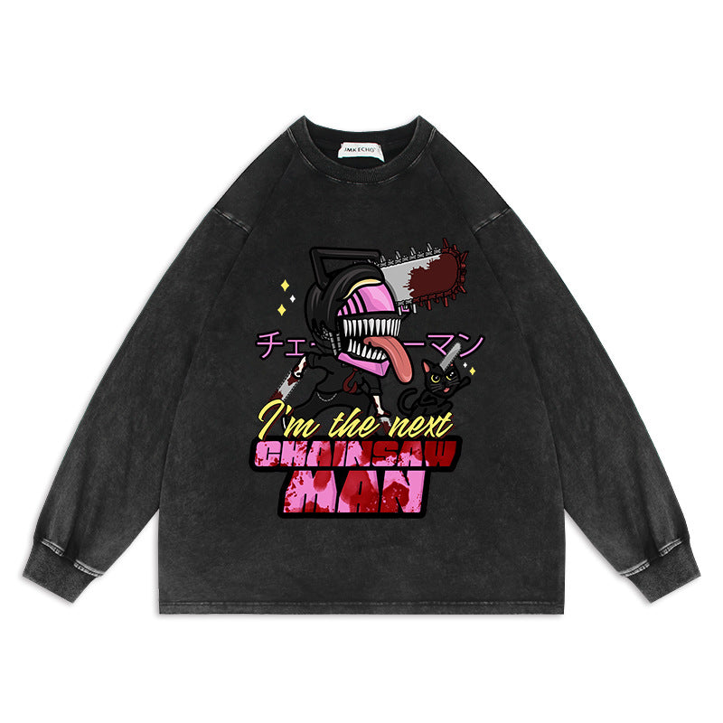 Chainsaw Man Anime Washed Old Sweater Electric Magima Oversize American High Street Cartoon Top