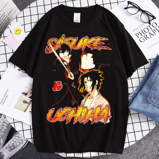 Sasuke Uchiha Naruto Anime cartoon pure cotton printed European size short sleeved men's and women's T-shirt with top and bottom