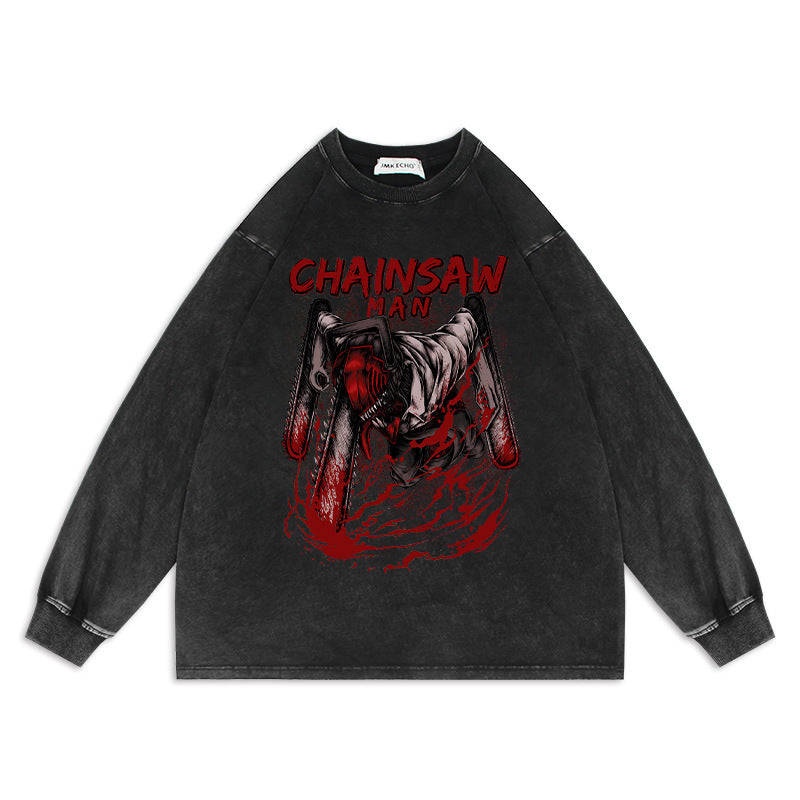 Chainsaw Man Anime Washed Old Sweater Electric Magima Oversize American High Street Cartoon Top