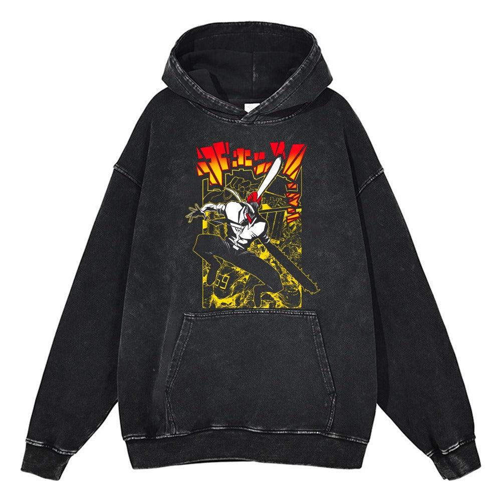 Washed old chainsaw cartoon anime street retro cotton hoodie street trendy hoodie