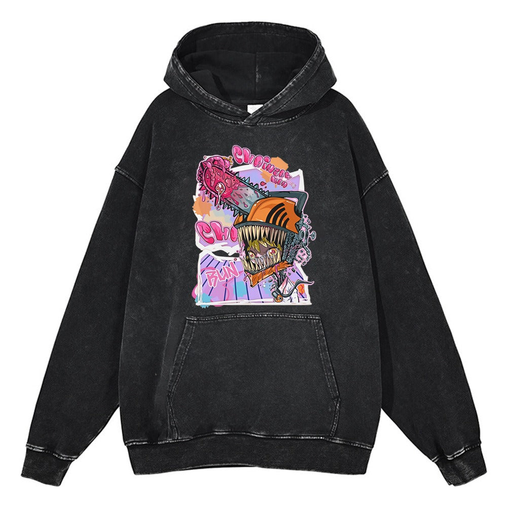 Washed old chainsaw cartoon anime street retro cotton hoodie street trendy hoodie