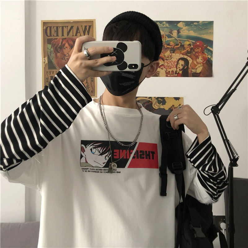 Autumn New Instagram Naruto Long sleeved T-shirt for Men and Women Couple Striped Fake Two Piece Set Student Loose Top