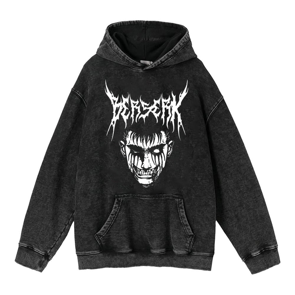 Washed Worn Berserk Fury Anime Street Retro Cotton Hoodie Street Trendy Hoodie