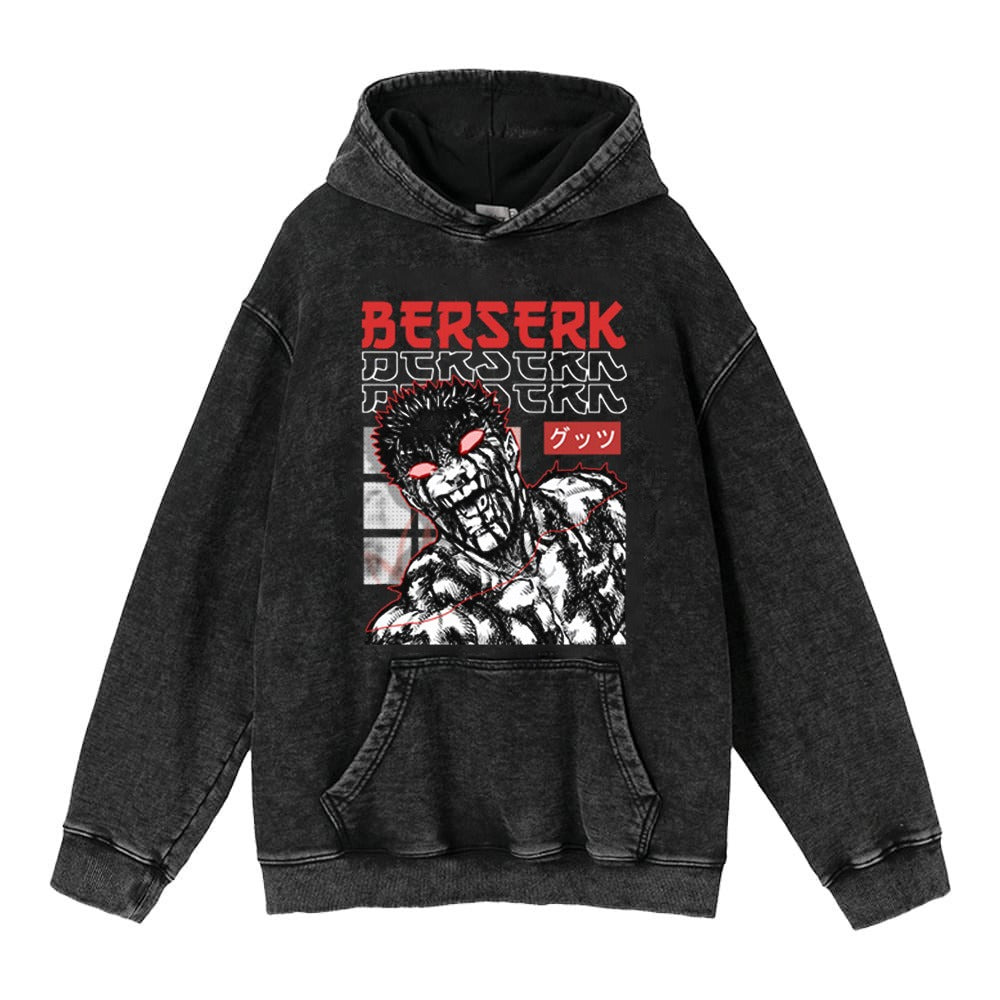 Washed Worn Berserk Fury Anime Street Retro Cotton Hoodie Street Trendy Hoodie