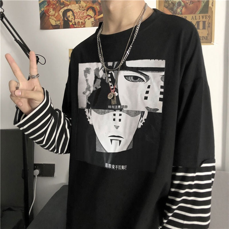 Autumn New Instagram Naruto Long sleeved T-shirt for Men and Women Couple Striped Fake Two Piece Set Student Loose Top