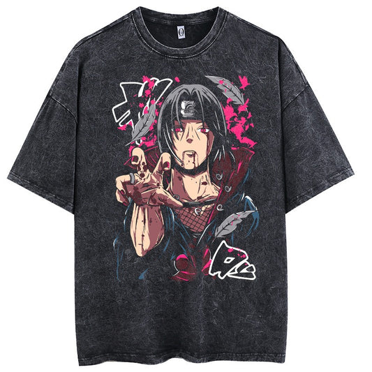 Anime Naruto print washed and distressed style T-shirt