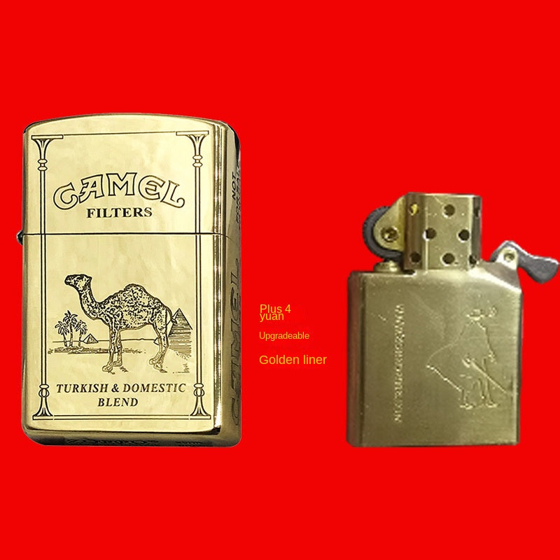 Brass Camel Kerosene Lighter Carved Retro Windproof Grinding Wheel Flip Cover Cigarette Lighter