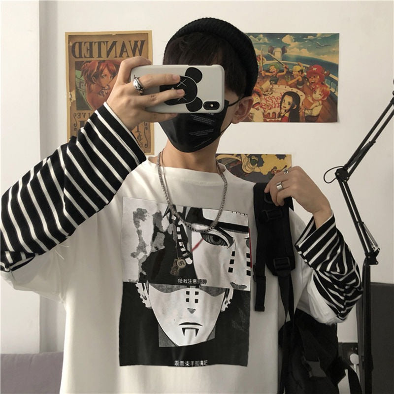 Autumn New Instagram Naruto Long sleeved T-shirt for Men and Women Couple Striped Fake Two Piece Set Student Loose Top