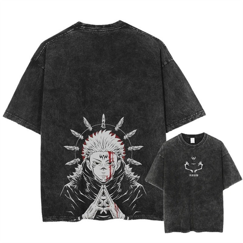 Harajuku Jujutsu Kaisen Anime Printed Streetwear Vintage Washed T-shirt Men