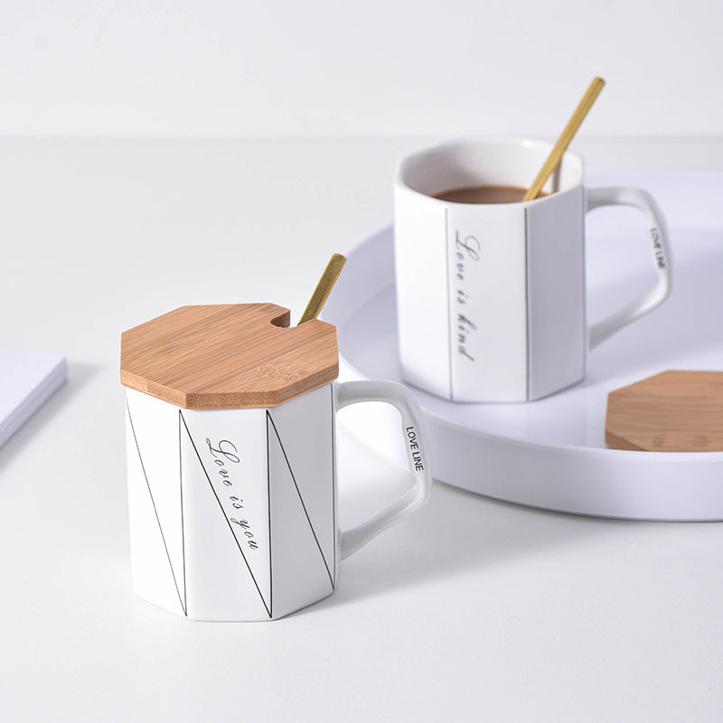 Creative Nordic Octagonal Ceramic Cup With Lid Spoon Simple Mug Office Coffee Cup Gift Cup