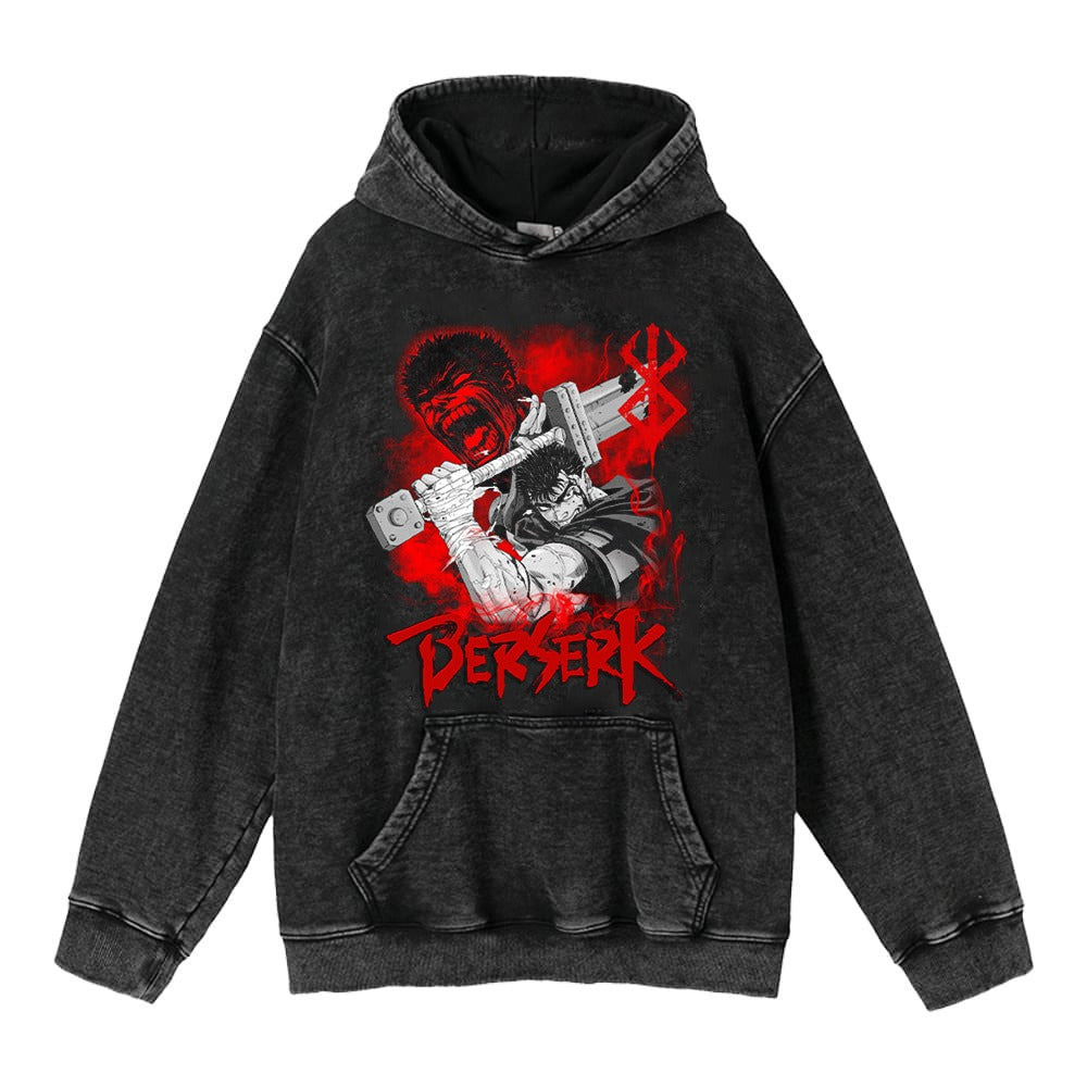 Washed Worn Berserk Fury Anime Street Retro Cotton Hoodie Street Trendy Hoodie