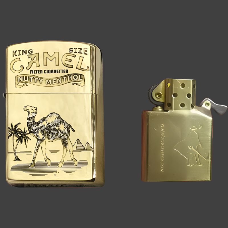 Brass Camel Kerosene Lighter Carved Retro Windproof Grinding Wheel Flip Cover Cigarette Lighter