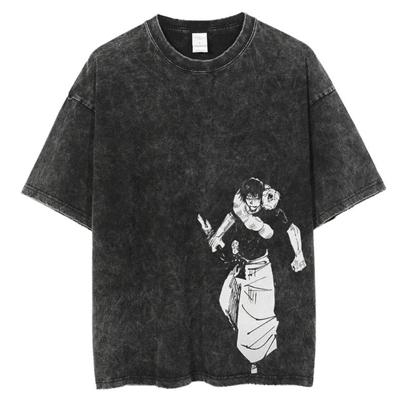 Harajuku Jujutsu Kaisen Anime Printed Streetwear Vintage Washed T-shirt Men