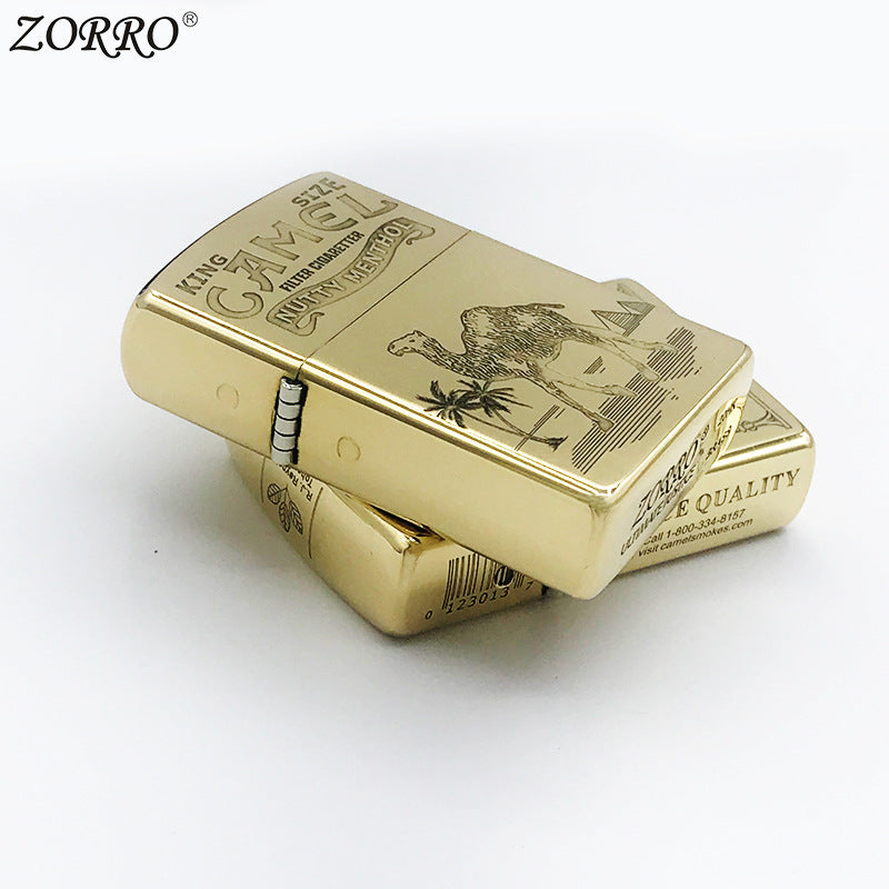 Brass Camel Kerosene Lighter Carved Retro Windproof Grinding Wheel Flip Cover Cigarette Lighter