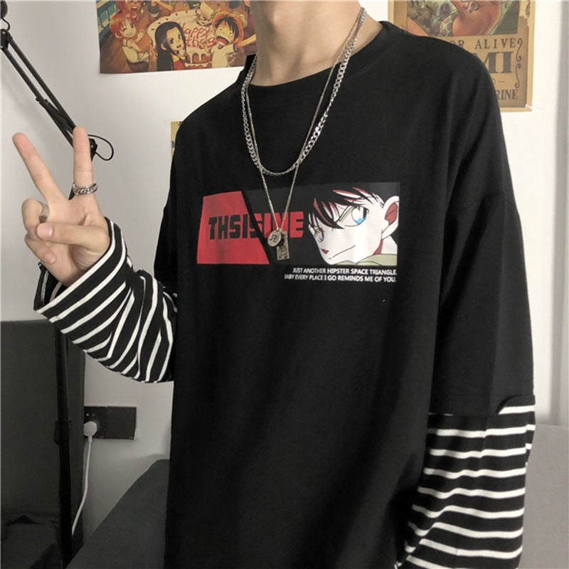 Autumn New Instagram Naruto Long sleeved T-shirt for Men and Women Couple Striped Fake Two Piece Set Student Loose Top