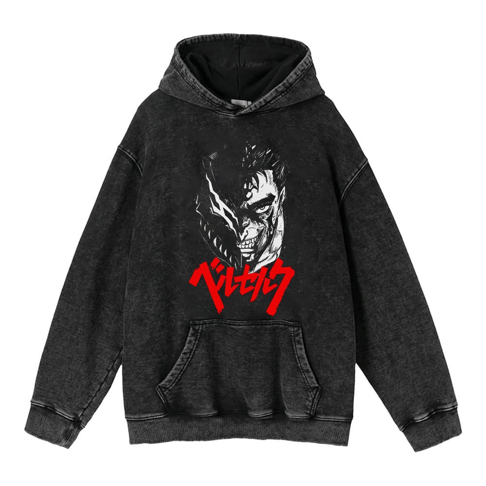 Washed Worn Berserk Fury Anime Street Retro Cotton Hoodie Street Trendy Hoodie