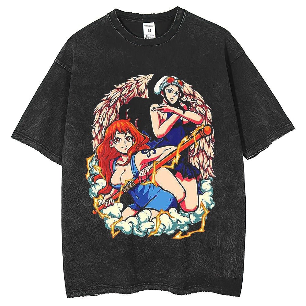 Anime One Piece Series Original Print T-shirt Short sleeved Men's Summer Retro Washed Old Half sleeved Top