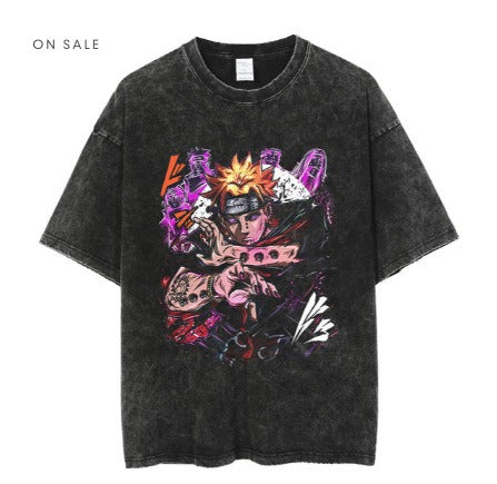 Anime cartoon wash distressed men short sleeved t-shirt high street dark man