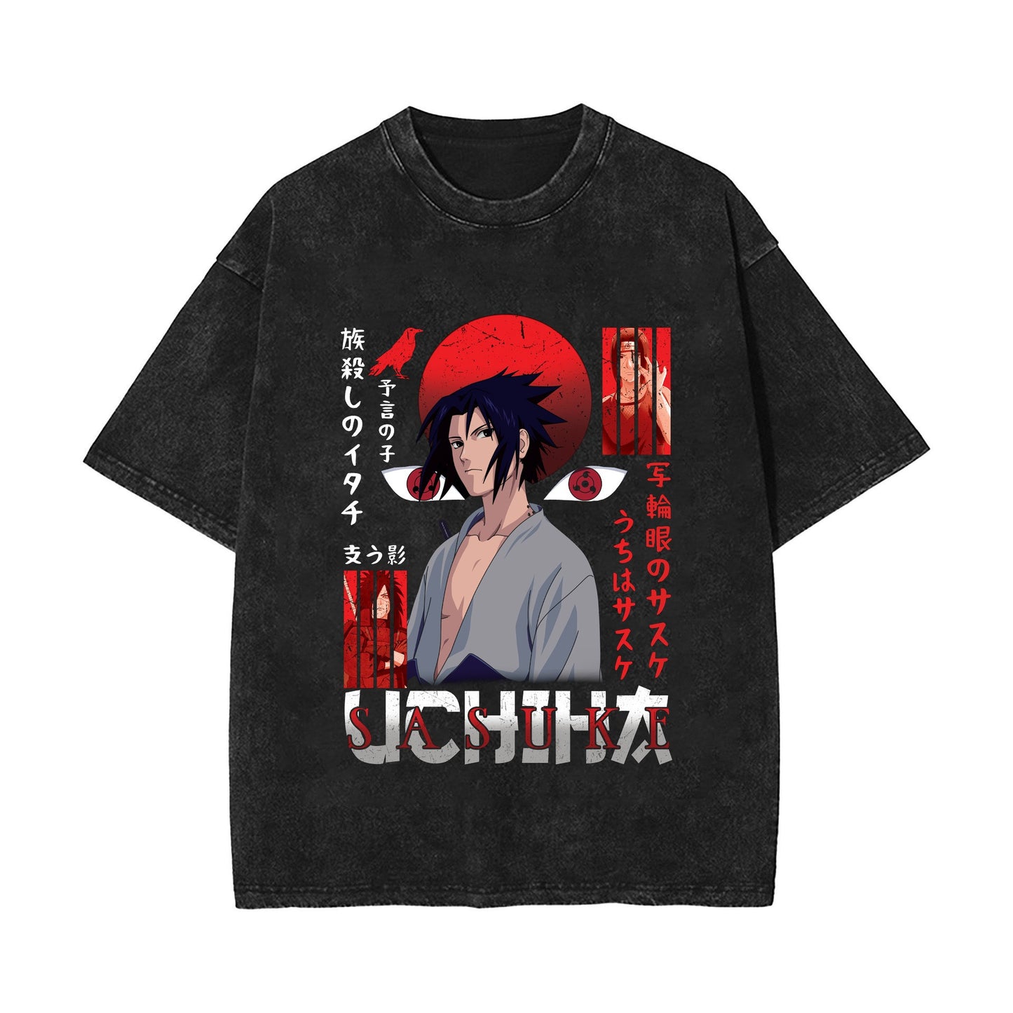 Anime Naruto Sasuke European and American Washed Old Vintage Short Sleeve T-shirt American High Street