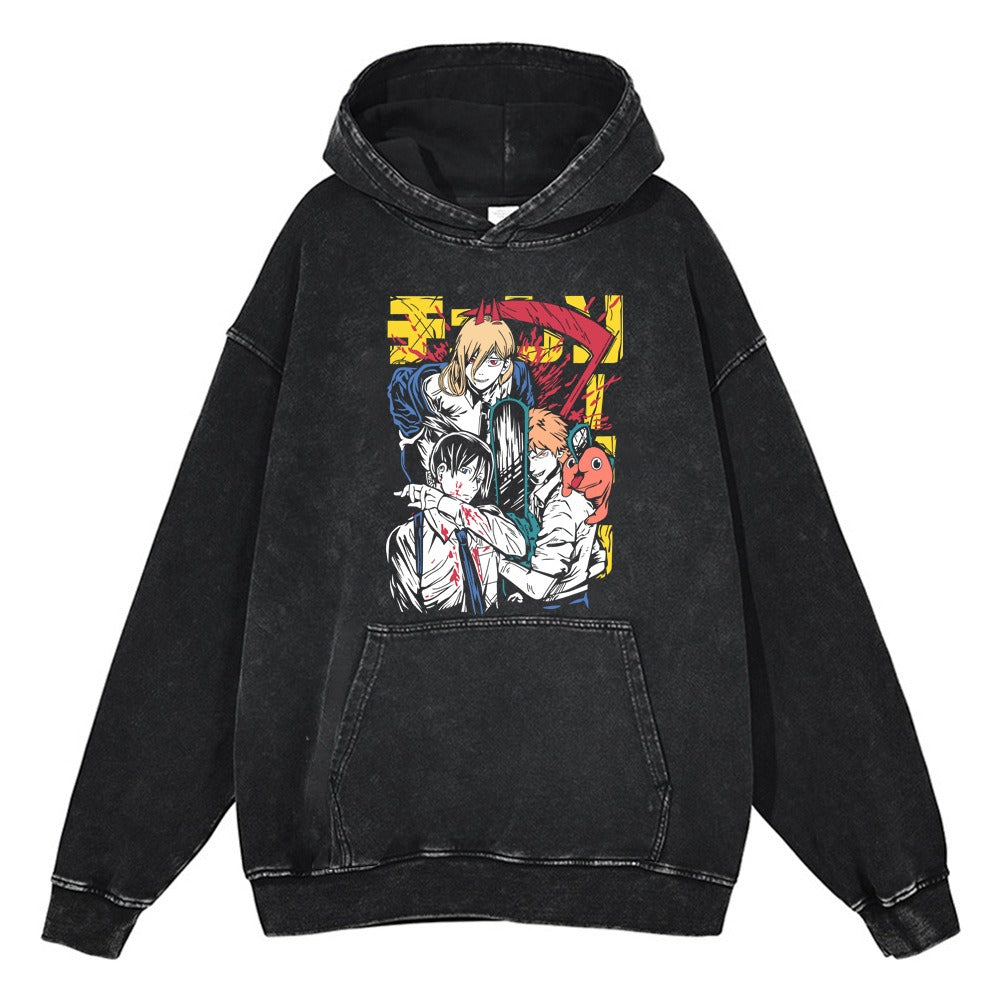 Washed old chainsaw cartoon anime street retro cotton hoodie street trendy hoodie