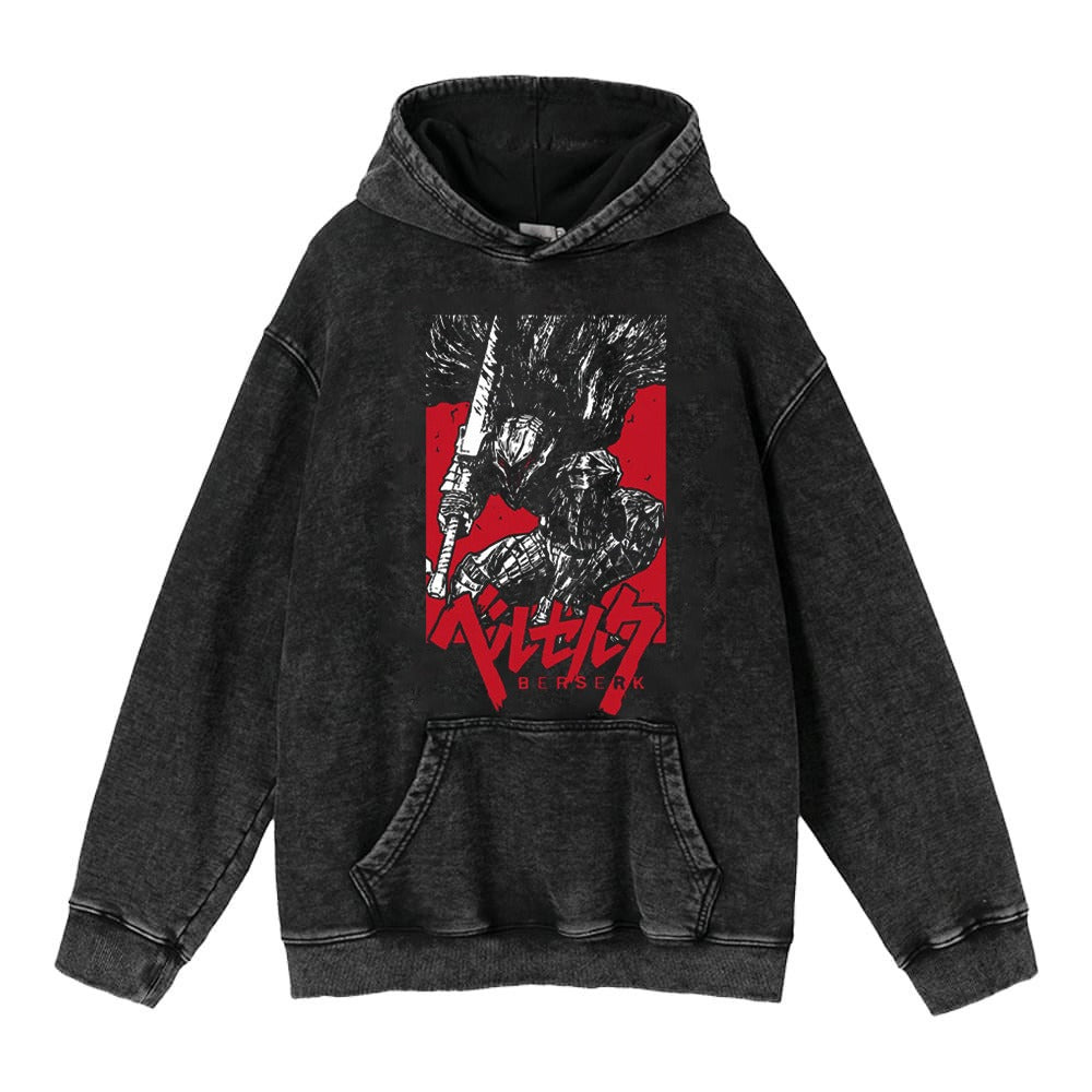 Washed Worn Berserk Fury Anime Street Retro Cotton Hoodie Street Trendy Hoodie