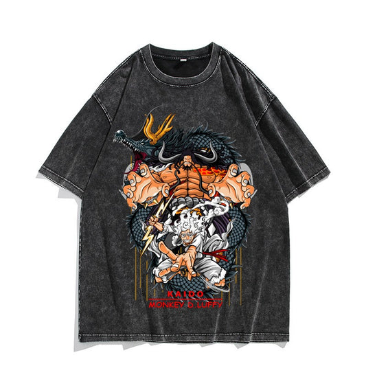 American anime Nika Luffy washed vintage quarter sleeved T-shirt American short sleeved cotton T-shirt